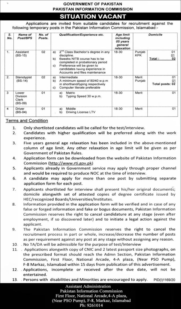 Pakistan Information Commission Jobs 2020