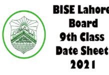 Date Sheet Class 9th 2021 BISE Lahore