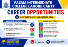 Fazaia Inter College Lahore Cantt Jobs 2026